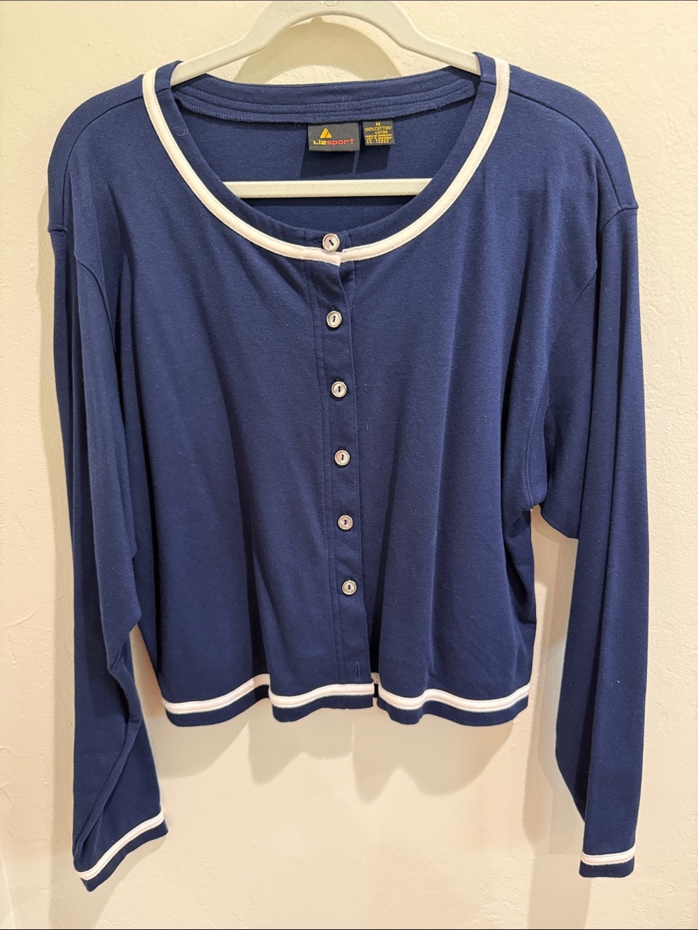 Vintage Liz Claiborne Navy Button-Front cotton cardigan with White Trim
